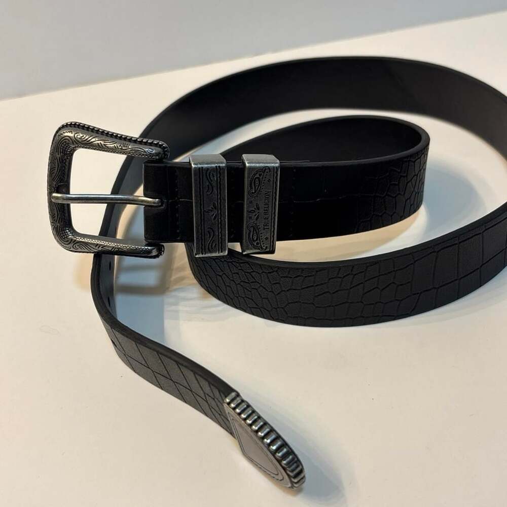 True Religion Mens Black Crocodile Embossed Western Belt